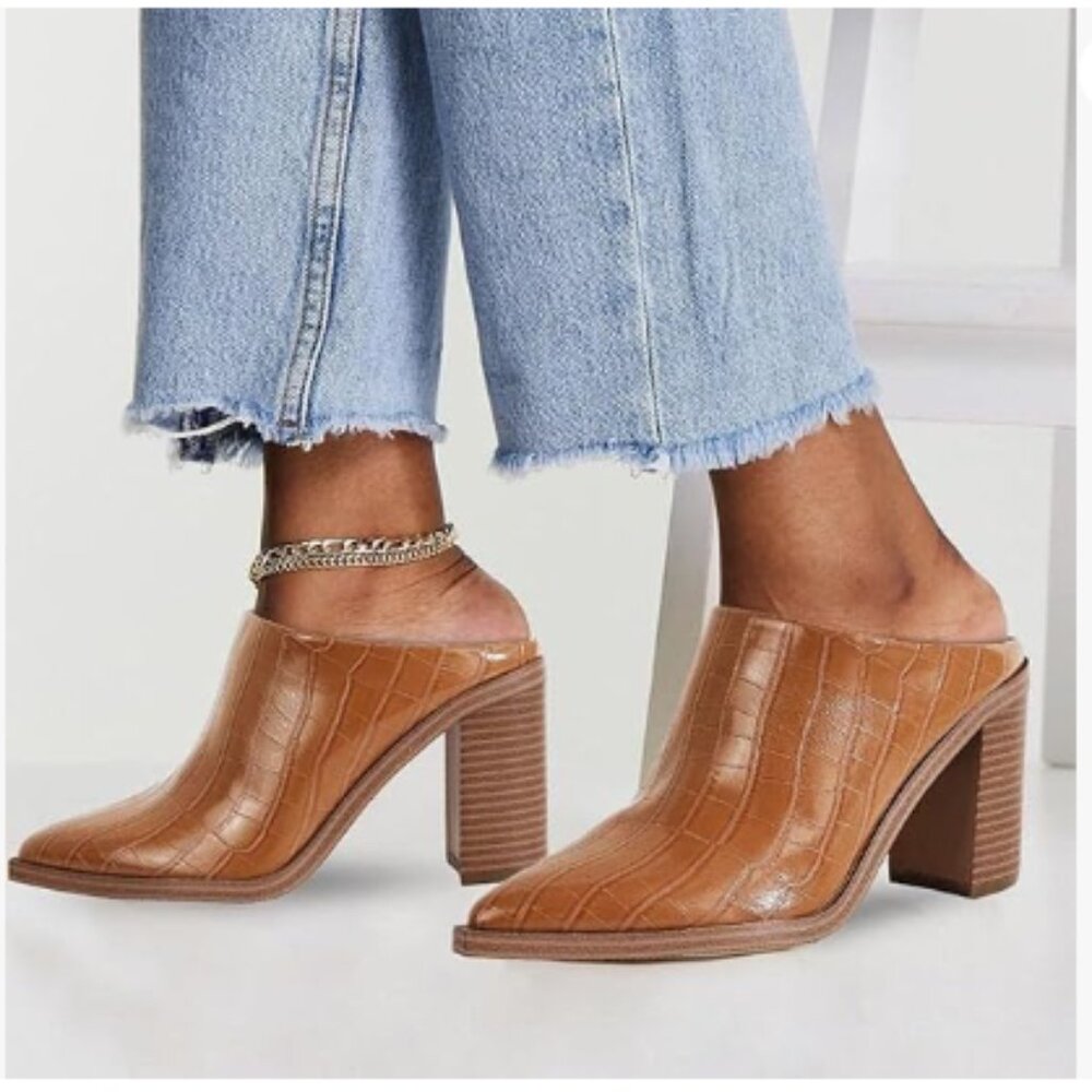 FOWT Crocodile Brown Pointed Toe Slip On Mules Stacked Block High Heel Sandal
